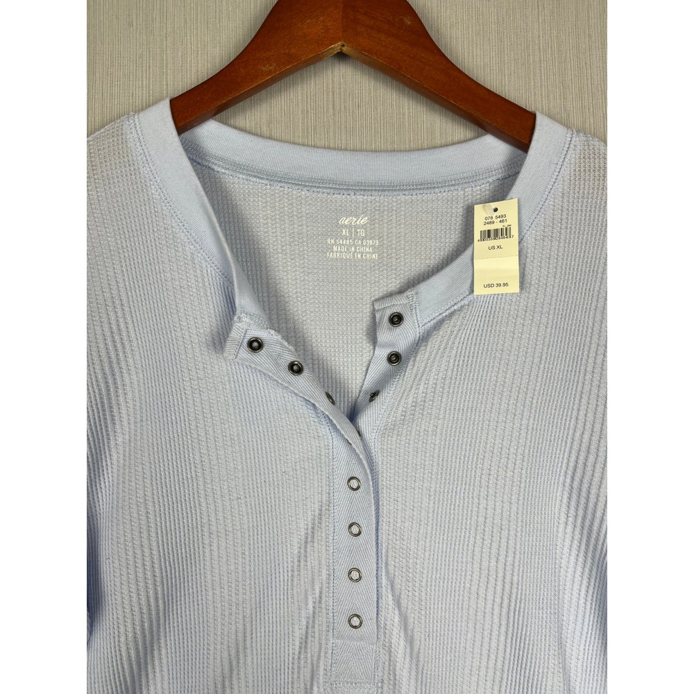 Aerie Henley Womens XL Light Blue Long Sleeve Waffle Knit Thermal Loungewear - Picture 3 of 8
